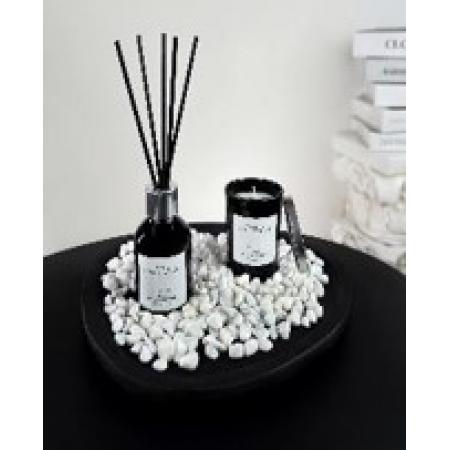 French Connection Gsett Blck Candle Diffuser Wooden Tray & White Pebbles Lemon Lavender