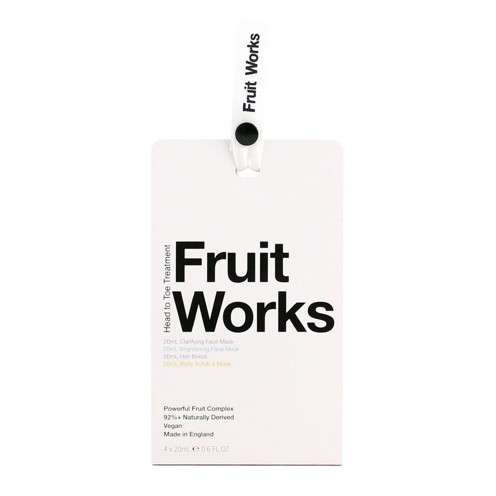 New Vegan Fruit Works Fruit Works Head To Toe Treatment Wheel - 20ml Clarifying Face Mask Sachet, 20ml Brightening Mask Sachet, 20ml Hair Boost Sachet, 20ml Body Scrub & Mask Sachet