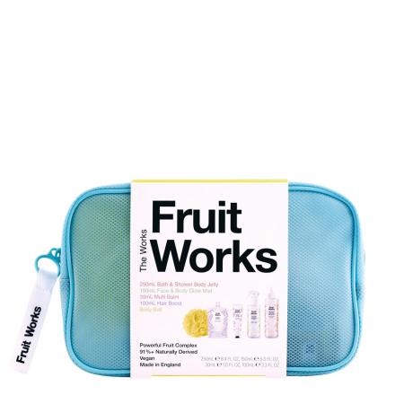 New Vegan  Fruit Works The Works Bag  - Mesh Cosmetic Bag, 100ml Hair Boost, 150ml Face & Body Glow Mist, 250ml Bath & Shower Body Jelly, 30ml Multi Balm, Body Ball